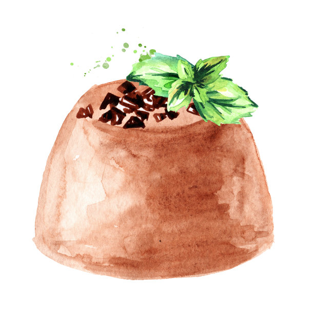 香甜的意式奶冻咖啡甜点，配上巧克力屑和薄荷叶。手绘水彩插图，孤立的白色背景图片下载