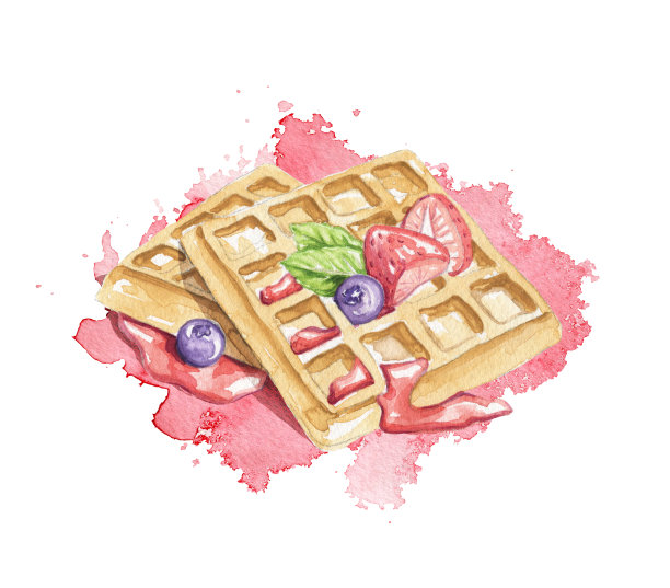 用比利时华夫饼、浆果和红果酱做成的水彩画图片下载