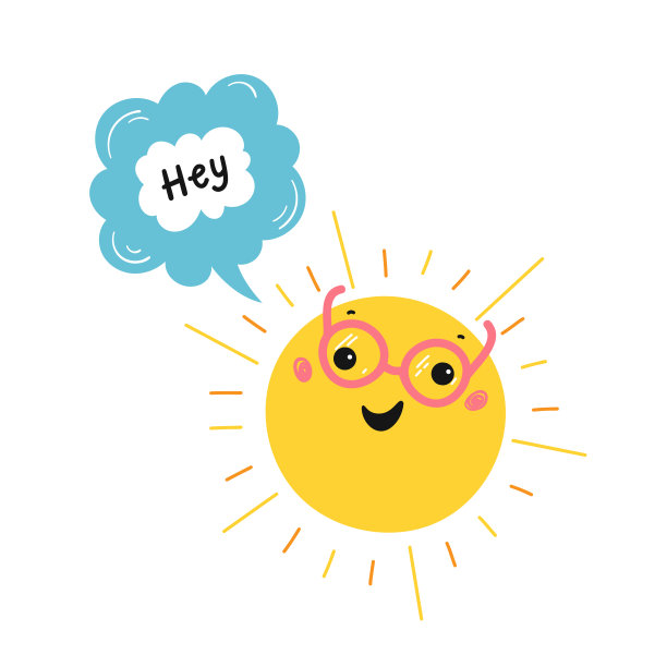 卡通可爱的太阳和讲话泡沫与嘿口号。涂鸦有趣的太阳脸与眼镜矢量插图。斯堪的纳维亚印刷或海报设计图片下载