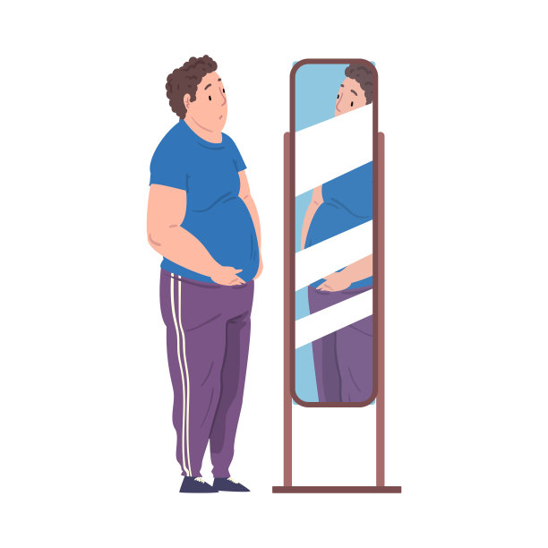 胖的年轻人看他的反射在镜子，年轻超重的人得到健康卡通矢量插图在白色的背景图片下载