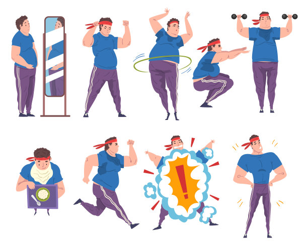 胖男人做运动训练集，减肥过程，年轻超重男人得到健康卡通矢量插图图片下载