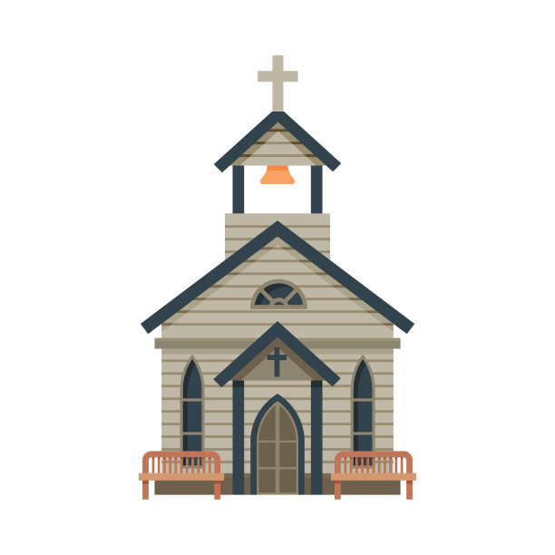 教堂建筑构造，狂野西部木制建筑，西部城镇设计元素矢量插图图片下载