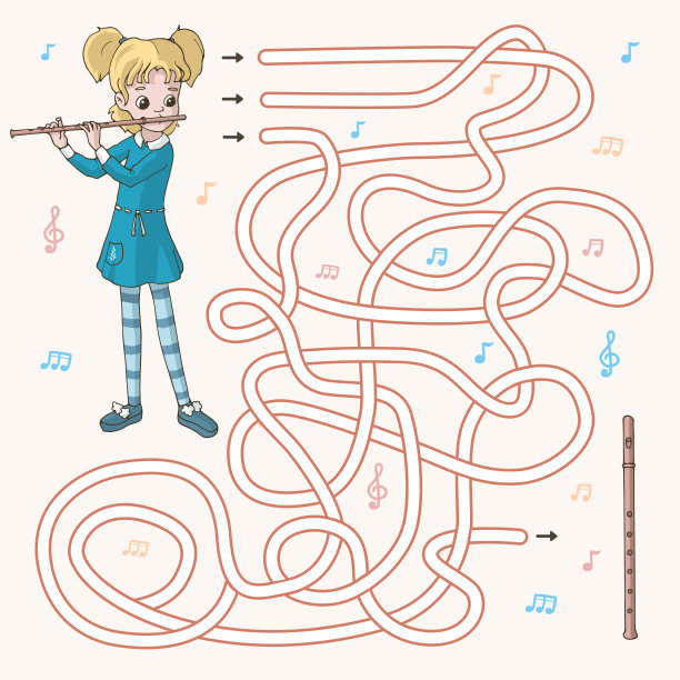 迷宫迷宫。帮助可爱的卡通笛手女孩找到她的长笛的路径。矢量插图。淡蓝色和黄色柔和的颜色。图片下载