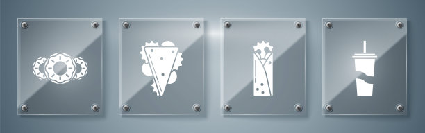 在纸杯里放上吸管和水，烤肉串，三明治和甜甜圈。方形玻璃面板。向量图片下载