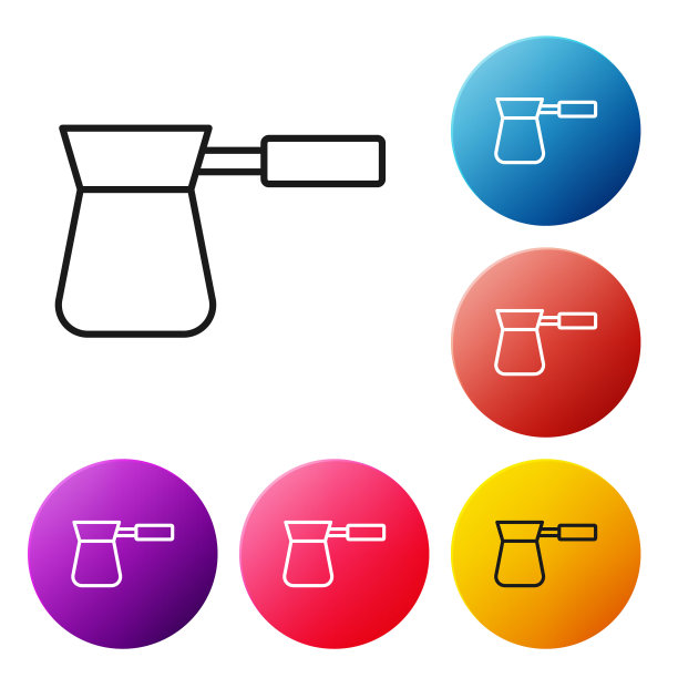 黑线咖啡土耳其图标孤立在白色背景。设置彩色圆形按钮图标。向量图片下载