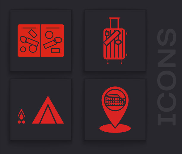 Set Map pointer with Coliseum in Rome, Italy, Passport pages with visa stamps，旅行箱和贴纸，旅游帐篷with wood fire icon。向量图片下载