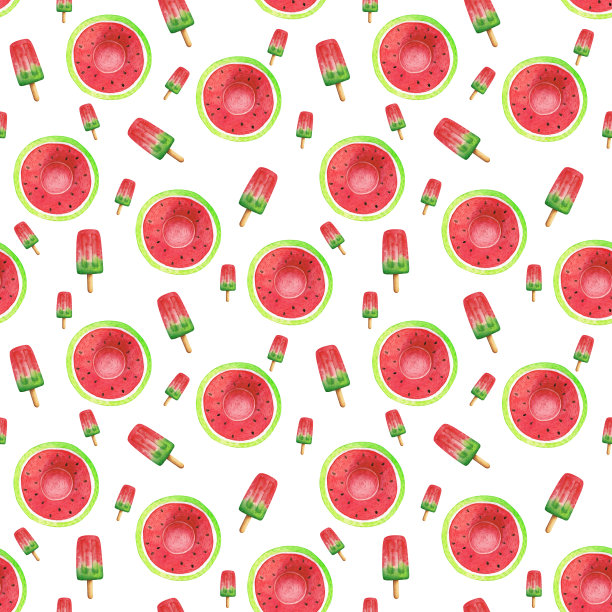 水彩无缝夏季模式上的白色背景。手绘无缝图案草帽和冰淇淋在西瓜风格。8月3日国际西瓜节装饰。图片下载
