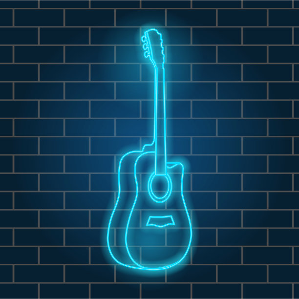 原声吉他，美丽的蓝色霓虹灯。乐器,复古。晚上招牌。矢量插图。图片下载