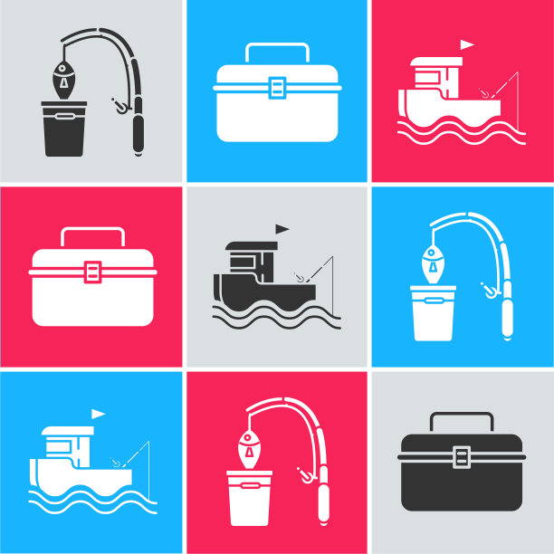 设置钓竿和鱼，箱子或盒子容器摆动和齿轮捕鱼设备和渔船与鱼竿水上图标。向量图片下载