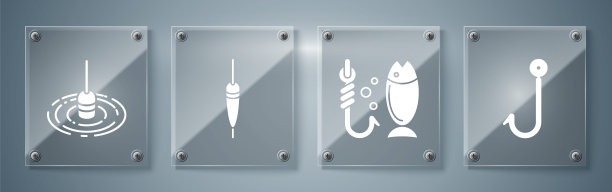 在水中设置钓鱼钩、钓鱼、钓鱼浮子和钓鱼浮子。方形玻璃面板。向量图片下载