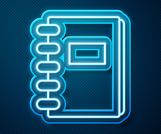 发光的霓虹灯线笔记本电脑图标隔离在蓝色背景。螺旋记事本图标。学校的笔记本。书写纸。学校的日记。矢量图图片下载
