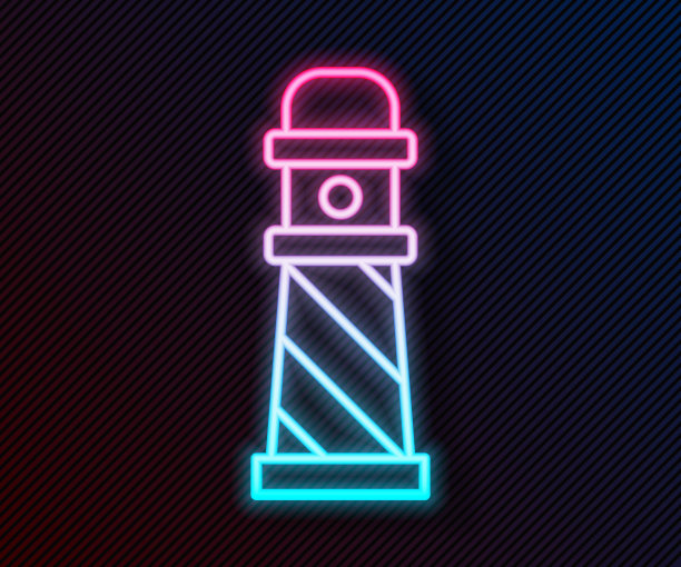 发光的霓虹灯线灯塔图标孤立在黑色背景。矢量图图片下载
