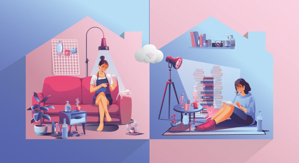 在家工作的概念，年轻的女商人和商人，自由职业者在家里用笔记本电脑工作。人们在家里工作，呆在家里矢量插图图片下载