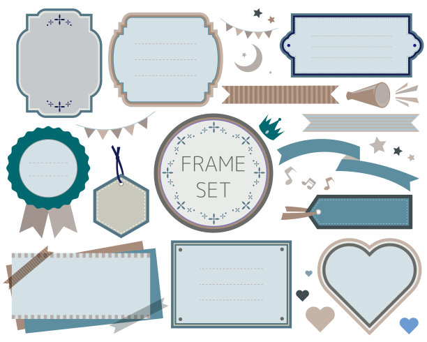 矢量插图的各种帧集。标签，框架，框架，便利贴，丝带，演讲框，标题，旗帜，扩音器，皇冠图片下载