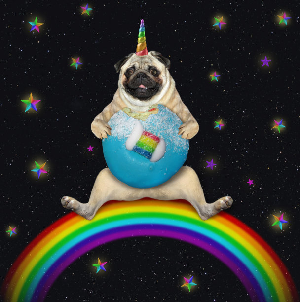 蒲公角在彩虹上吃蓝色的甜甜圈图片下载