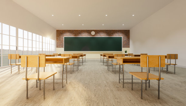 新常态教室室内的3d渲染，在木地板和空白的绿板背景上间隔桌椅以防止COVID-19病毒的传播。图片下载