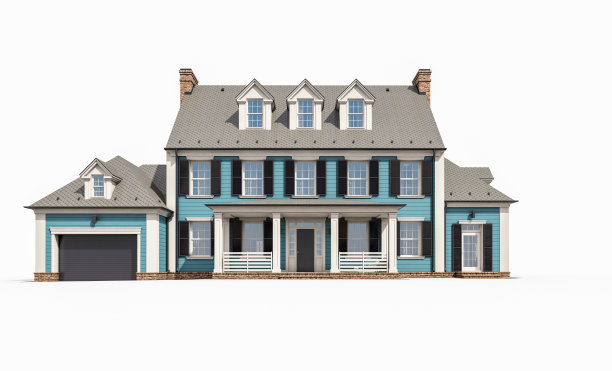 殖民风格的现代古典住宅的3d渲染，孤立在白色上图片下载
