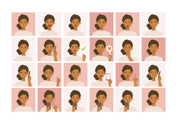 女人的面部表情。不同的女性情绪和姿势设置。图片下载