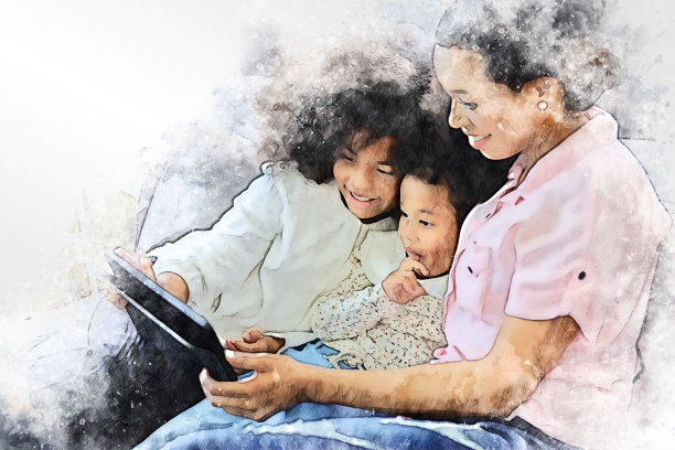 抽象多彩的幸福家庭小女孩在智能手机上学习和玩水彩插画的背景。图片下载