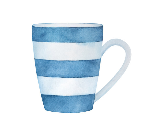 水彩插图时尚的经典马克杯与蓝色条纹图案。一个单一的对象。手绘水彩图形在白色的背景，剪出剪辑艺术元素的设计装饰。图片下载