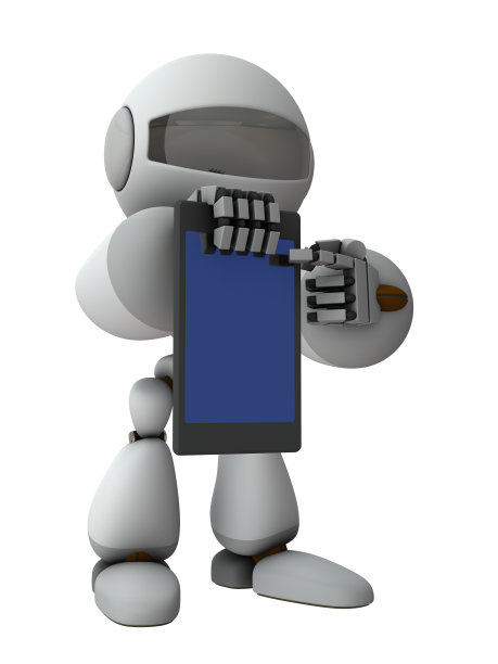 一个机器人展示一个大的平板电脑终端。它提供了信息。白色背景。3 d演示。图片下载