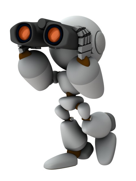 通过双筒望远镜看东西的人工智能机器人。白色背景。3 d演示。图片下载