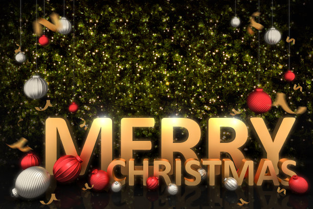 金色快乐圣诞字体与球和五彩纸屑照明圣诞树的背景。图片下载