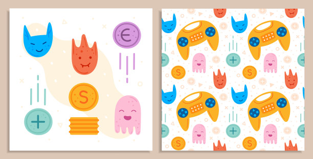 视频游戏角色。黄色操纵杆。表情符号有不同的脸。飞行的硬币。电脑游戏，流媒体，博客，视频博客。平面手绘矢量无缝模式，纹理，背景，背景。卡。图片下载