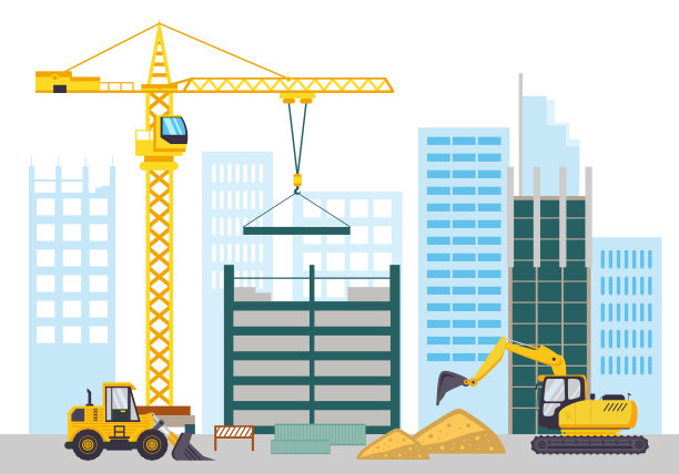 建筑工地平面景观，建筑房屋和公寓-矢量插图元素，设计的起重机，卡车，挖掘机，和建筑材料。承包商的设备。图片下载