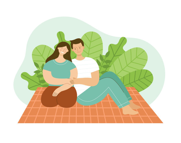 情侣在公园野餐。男男女女坐在格子呢上，面带微笑。在春天或夏天度过一个放松的周末。一对家庭夫妻，丈夫和妻子。平面颜色矢量插图。图片下载