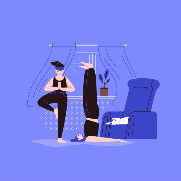 一个人练习瑜伽的平面和线的人物插图与家庭内部的背景。待在家里隔离图片下载