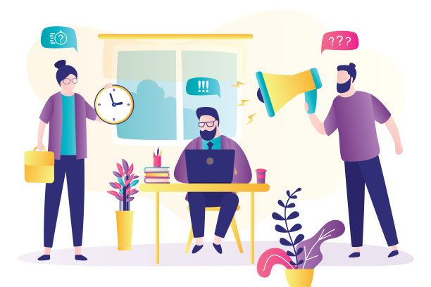 愤怒的老板通过扩音器对他的员工大喊大叫。可悲的商人用现代笔记本电脑工作图片下载