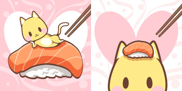 可爱的三文鱼寿司和猫矢量插图图片下载