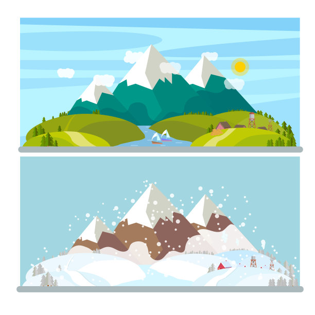 阿尔卑斯山的风景。可以看到山，湖，河。湖上帆船，高山草甸，雪山，高山村，尼斯。矢量草图平集。素材图片