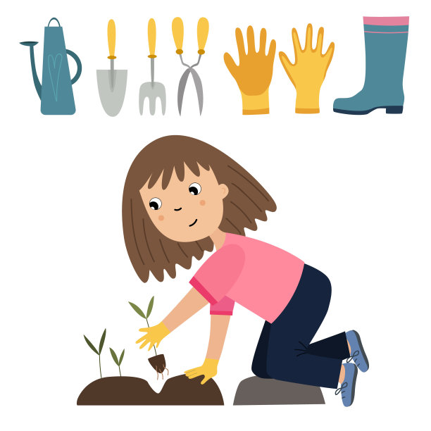 可爱的小女孩园丁种出了新芽。收集园艺工具和工具。平面矢量插图孤立在白色背景。图片下载
