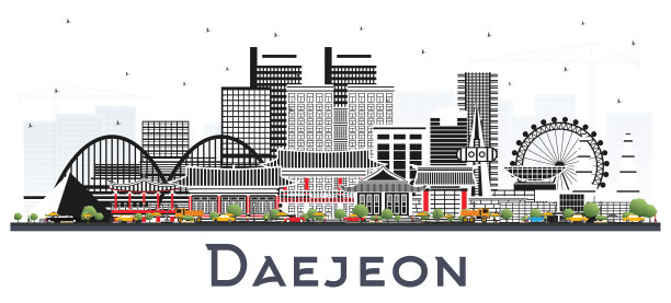 韩国大田市天际线与彩色建筑隔离在白色。图片下载