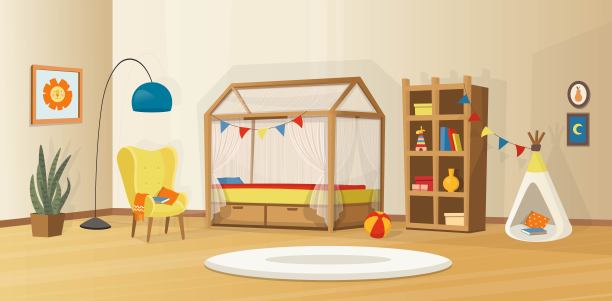 舒适的儿童室内玩具，床，书架，扶手椅，儿童帐篷和灯。斯堪的纳维亚矢量室内卡通风格。图片下载