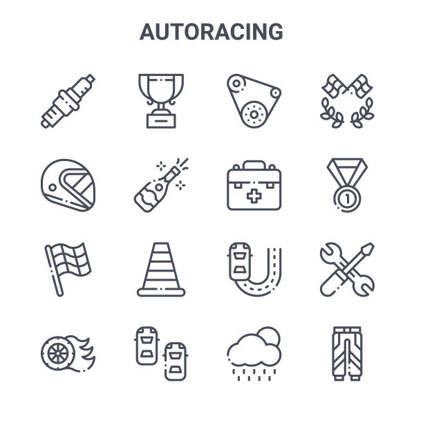16个赛车概念矢量线性图标，64x64细笔画：奖杯、头盔、奖牌、快速、汽车、制服、雨、急救箱、赛车图片下载