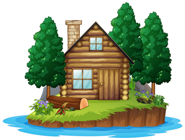 以白色背景为背景的小岛上的小木屋图片下载