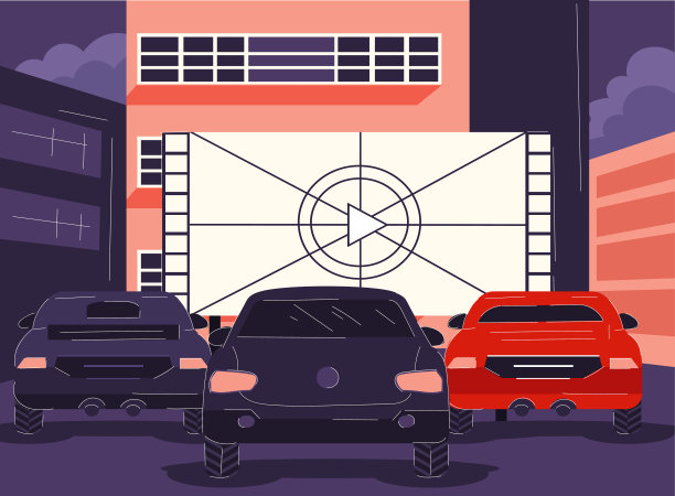 停在电影院或灯箱前的汽车图片下载