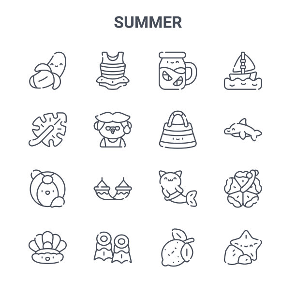 一组16个夏季概念向量线图标。64x64细描图标，如泳衣，树叶，海豚，美人鱼，鳍，海星，柠檬，沙滩包，帆船图片下载