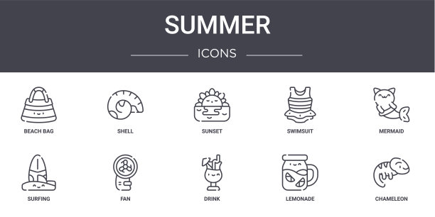 夏季概念线图标集。包含图标可用于web，徽标，ui/ux，如shell，泳衣，冲浪，饮料，柠檬水，变色龙，美人鱼，日落图片下载