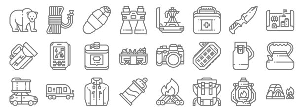 露营一行图标。线性集。质量矢量线集如营火，背包，罐头，越野车，烧瓶，烧瓶，地图，摩卡壶，绳子图片下载