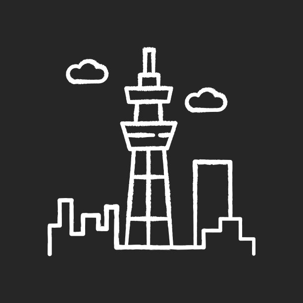 摩天大楼粉笔白色图标上的黑色背景。城市的城市。东京的了望塔。商业区。未来的建筑。机场航站楼。孤立矢量黑板插图图片下载