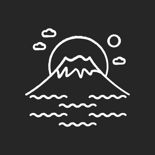 富士山粉笔白色图标上的黑色背景。日出的东京山。日本火山与大海和日落。富士山山顶有天空和湖泊。孤立矢量黑板插图图片下载