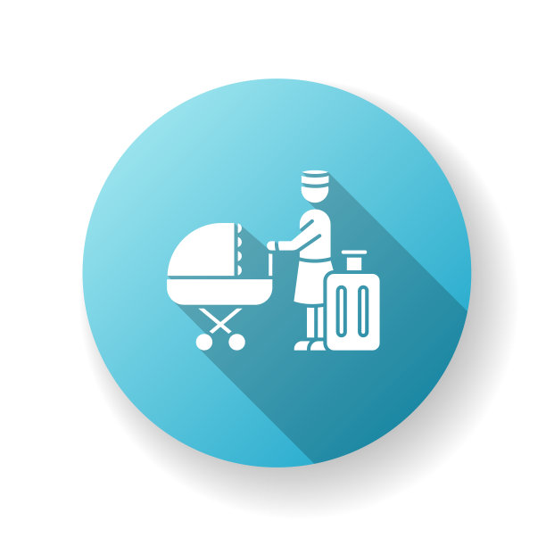 酒店坐蓝平设计长影字形图标。保姆专业服务。度假时帮助照看婴儿。旅行期间的日托。剪影RGB彩色插图图片下载