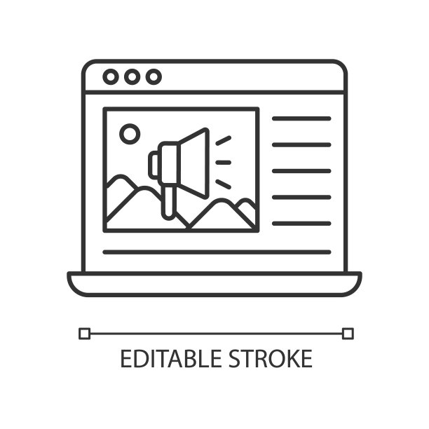 广告插入像素完美的线性图标。带有广告的网页。笔记本电脑显示与网站。细线可定制的插图。轮廓的象征。矢量孤立轮廓绘制。可编辑的中风图片下载