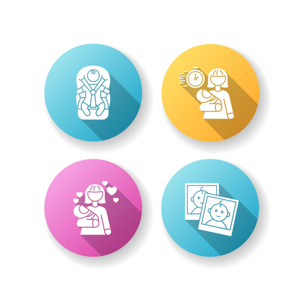 保姆服务单位设计长影子字形图标集。儿童交通。紧急保姆。妈妈爱宝宝。给家长的照片报告。剪影RGB彩色插图图片下载