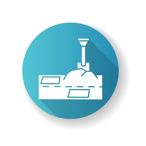 修补作品蓝色平面设计长阴影字形图标。道路施工建设。用铲子把地洞填满。壶穴在人行道上。浮出水面,铺平道路。剪影RGB彩色插图图片下载