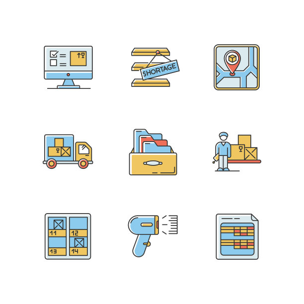 库存控制和记帐RGB颜色图标设置。会计电子表格和卡片系统。仓储地点、缺货及收货情况。孤立矢量图图片下载